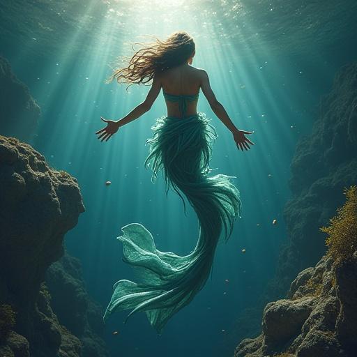 A mermaid swimming in deep ocean waters. Flowing hair and shimmering tail under radiant light. Mysterious and enchanting underwater scene.