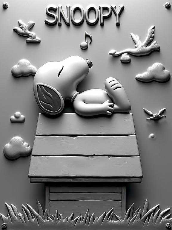 Highly detailed digital rendering of a steel relief plaque depicting Snoopy. Snoopy lies on his doghouse, showcasing smooth, rounded lines and a polished steel surface. Background features engraved clouds, birds, and musical notes. 'SNOOPY' elegantly engraved at the top.