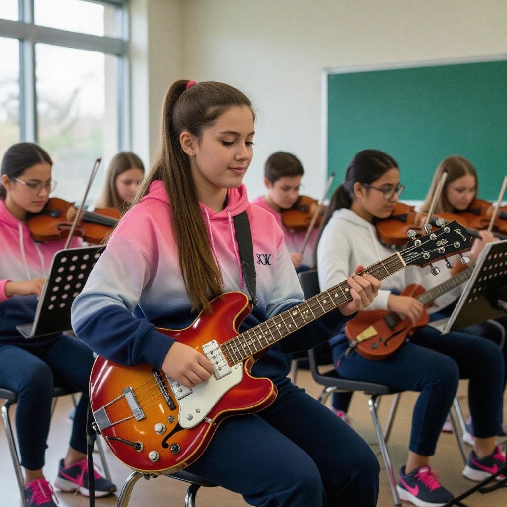 In a school music class, a girl with long dark blonde hair is playing a guitar. She wears a pink gradient hoodie and navy blue pants. Other students are in the background playing violins.