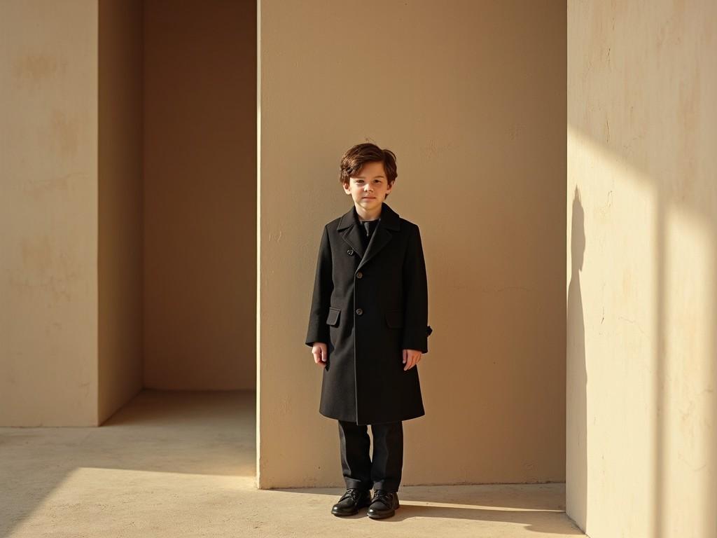 The image features a young boy standing against a minimalist background. He is wearing a stylish black coat and dress pants. The setting is softly lit with a warm beige backdrop. The boy appears confident, with a neutral expression. His hairstyle is neat and complements his outfit. The overall aesthetic is modern and sophisticated, suitable for a fashion campaign.