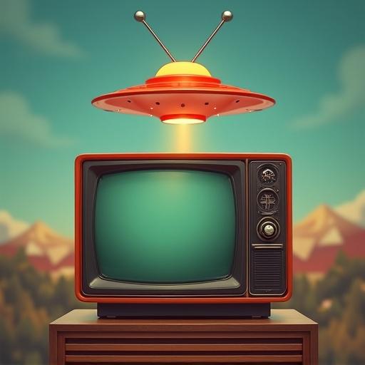 UFO above a retro television. The television has antennas resembling a UFO. The scene has a nostalgic and surreal feel.