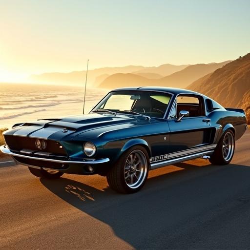 Classic 1967 Ford Mustang Shelby GT500 parked on Pacific Coast Highway overlook during golden hour. Stylish low-angle shot highlights deep blue paint and chrome details. Rugged coastline and ocean visible in backdrop.