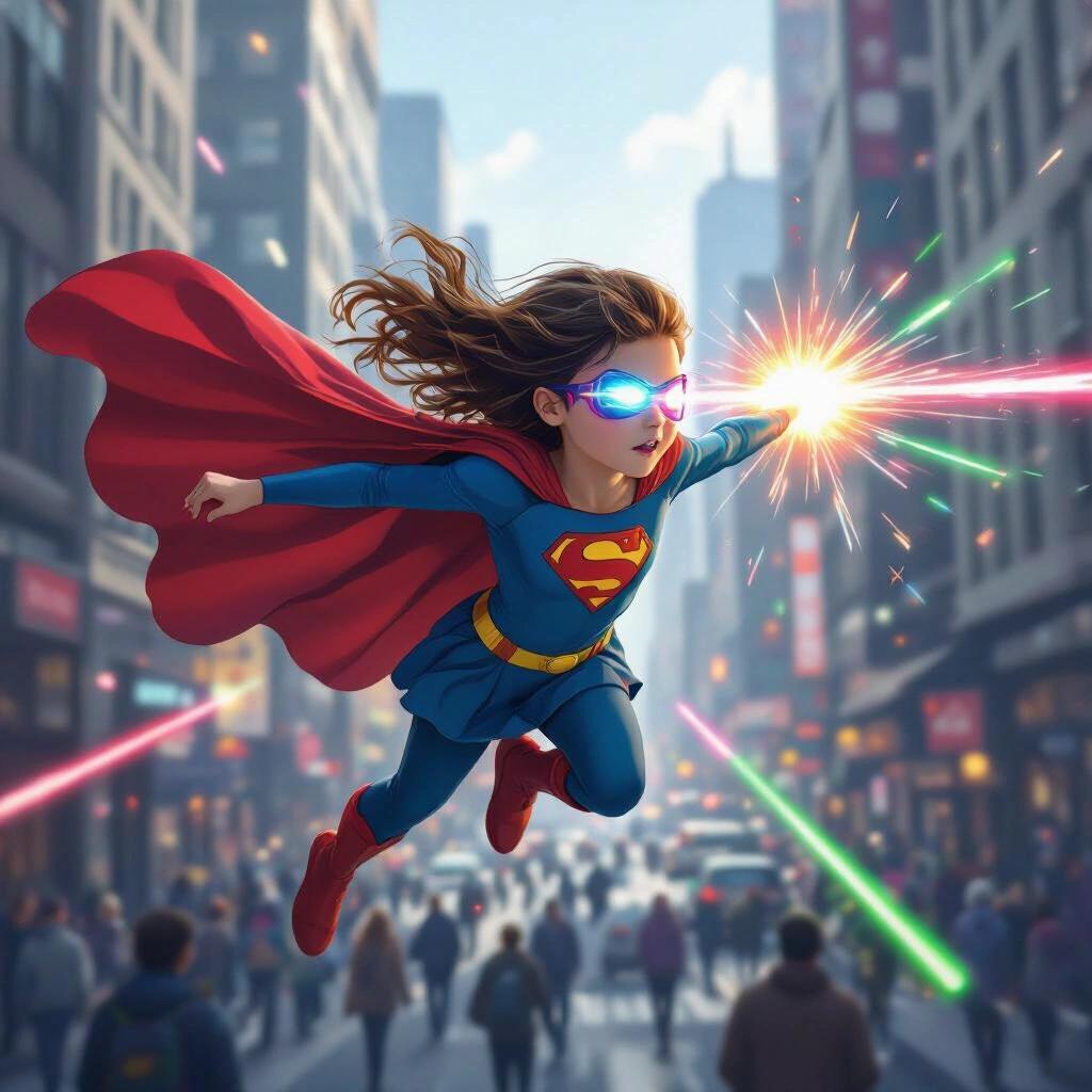 Young girl flies through a crowded city. She poses like Superman. She shoots laser beams from her eyes.