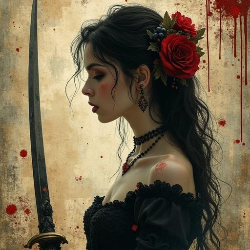 A woman characterized as a spellsword with a Gothic aesthetic. She has a sword and floral accents. Image blends fantasy and folklore themes. Incorporates double exposure and paint-drip effects for dramatic flair.