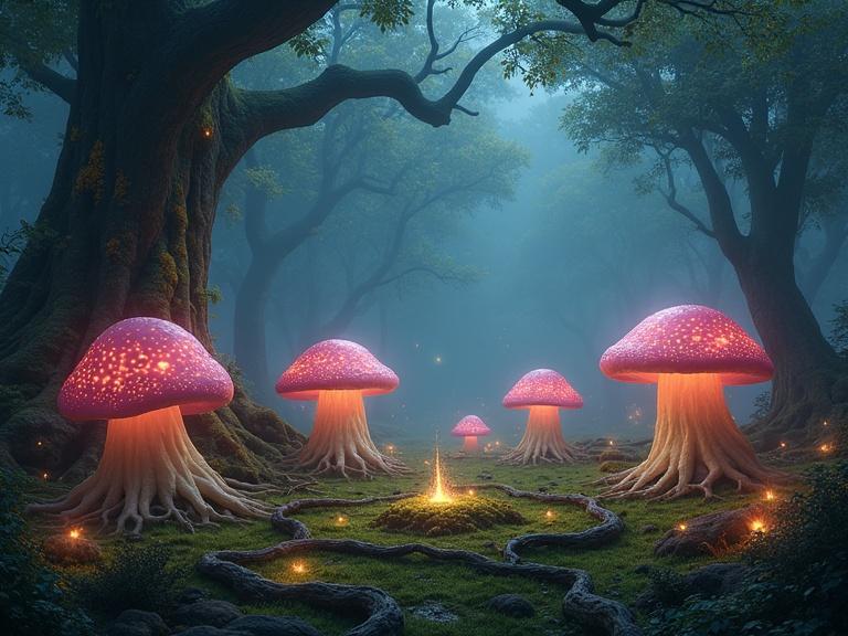 A magical forest scene featuring glowing mushrooms as seating for woodland creatures. Mist surrounds the area while ancient trees stand guard. Fireflies add to the mystical ambiance of the glade.