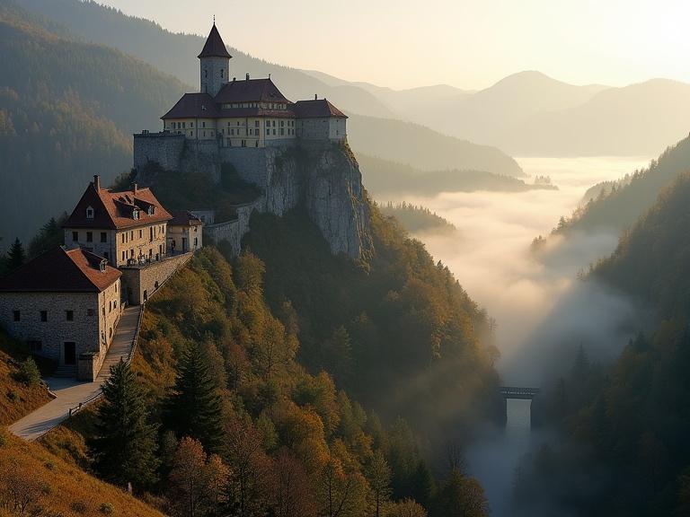 Landscape photograph of Strecno Castle on a rocky outcrop in Slovakia with medieval stone fortress above winding river valley. Morning mist fills valley. Traditional stone and timber buildings with peaked roofs on lower slopes. Narrow dirt road winds between structures. Dense forest covers mountainsides with trees hazy in distance. Golden morning light illuminates scene from right side, casting long shadows and highlighting castle details.