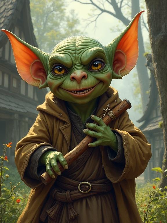 Goblin bard with a wooden flute under a tree. Background shows a mystical village. Character has cartoonish features with exaggerated ears and smile. Style focuses on bold outlines and bright colors. Avoid realistic textures and shadows. Inspired by fantasy tales.