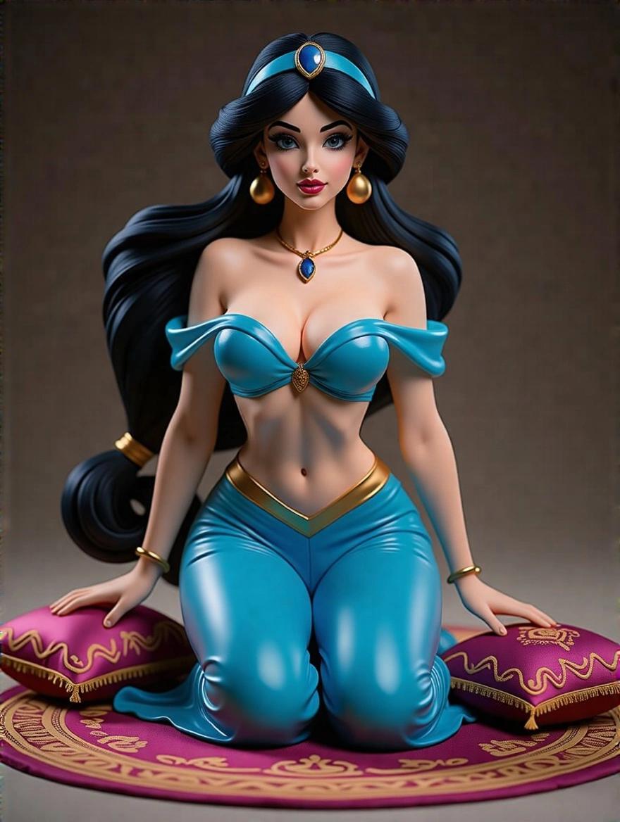 Ultra-detailed resin statue inspired by Princess Jasmine. Exaggerated silhouette with narrow waist and wide hips. Blue outfit has tight top and flowing pants. Seated on rug with gold details and pillows. Long black hair styled in a ponytail. One hand on hip, other holding a magic lamp. Confident and seductive expression. Realistic texture and glossy finish.