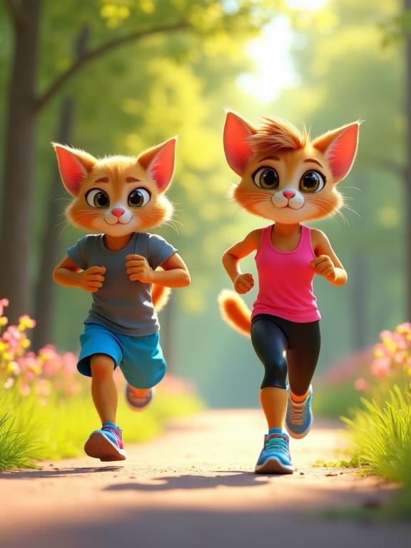 A 3D render of two anthropomorphic cat characters running. Male cat in blue shorts and grey shirt. Female cat in black leggings and pink tank. Running on a sun-dappled path. Surrounded by green trees and flowers. Bright daylight with soft lighting.