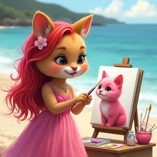 Detailed illustration of a quokka as a female artist painting a pink cat at the beach. Quokka wears a royal pink dress and flower accessory. Long red and pink hair styled attractively. Confident expression looking ahead. Table with paint and brushes beside her. Background features a stylish beach setting. Nikon camera in focus nearby.