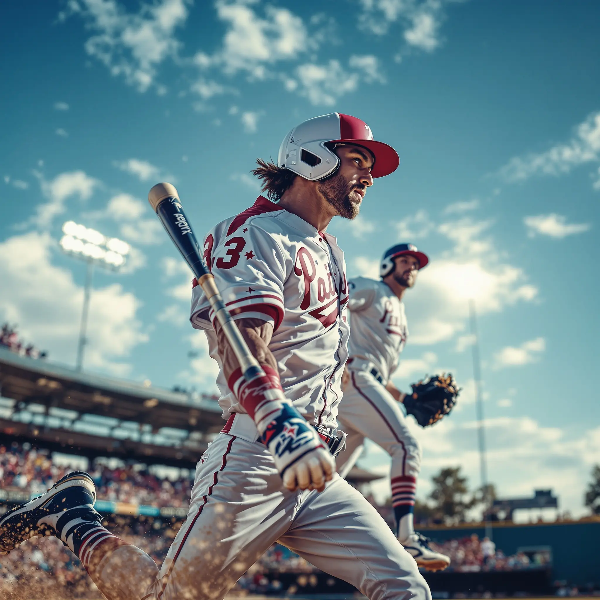 Capture a hyper-detailed photograph of baseball players in action capturing their athleticism. The setting is a well-lit baseball field during the daytime. Use a DSLR for high quality. Focus on hyper-realism to appeal to fine art lovers. Emphasize vibrant contrasting colors. Ensure sharpness to showcase muscles. Create a dynamic composition highlighting movement. Use dramatic lighting to enhance body contours. Capture a peak performance moment with shallow depth of field. Convey speed and intensity with visual effects.