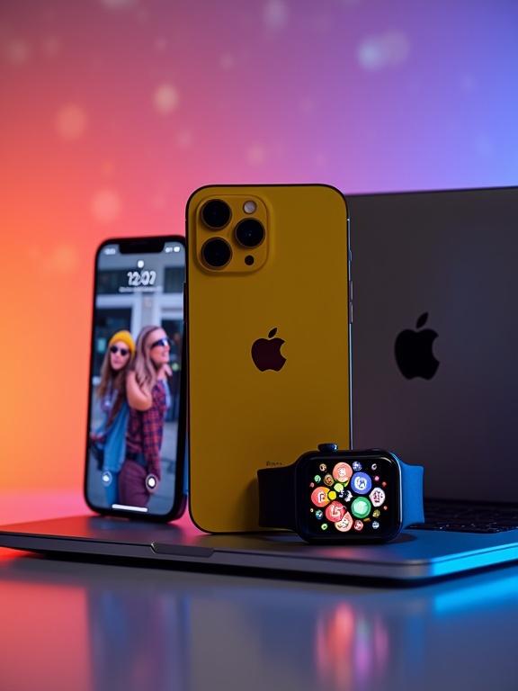 Artistic display of Apple products. Yellow iPhone with a vibrant screen. Black iPhone next to it. Apple Watch with black strap and colorful dial on the side. Silver MacBook in the background. Background features a smooth color gradient.