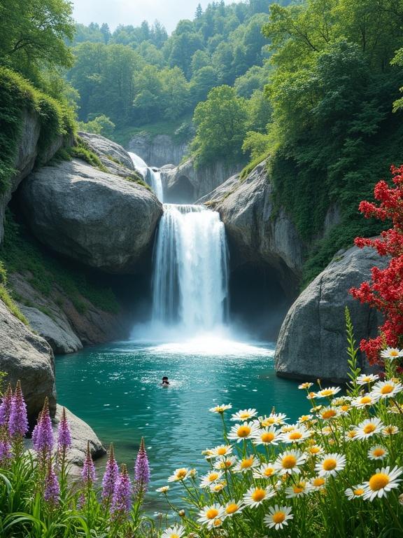 Breathtaking image captures waterfall landscape with vibrant flowers, serene water, and dramatic rocks. Waterfalls drop from cliffs into a calm turquoise pool. Lush greenery surrounds the scene with various flowers in foreground. Overall tone of tranquility and natural beauty.