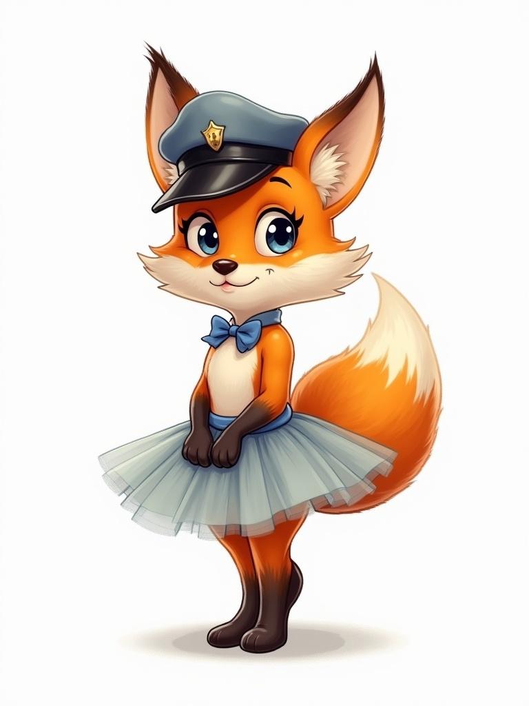 A charming fox character wears a chauffeur cap and a ballet tutu. The fox has large expressive eyes and a playful stance. The character is set against a plain white background. Emphasis on a cute and colorful design.