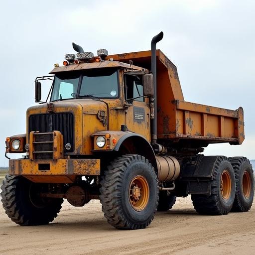 A robust dump truck equipped for functionality. Destruction evident from wear. Bed-mounted furnace seen. Tires designed for durability. AI assistant integration shown.
