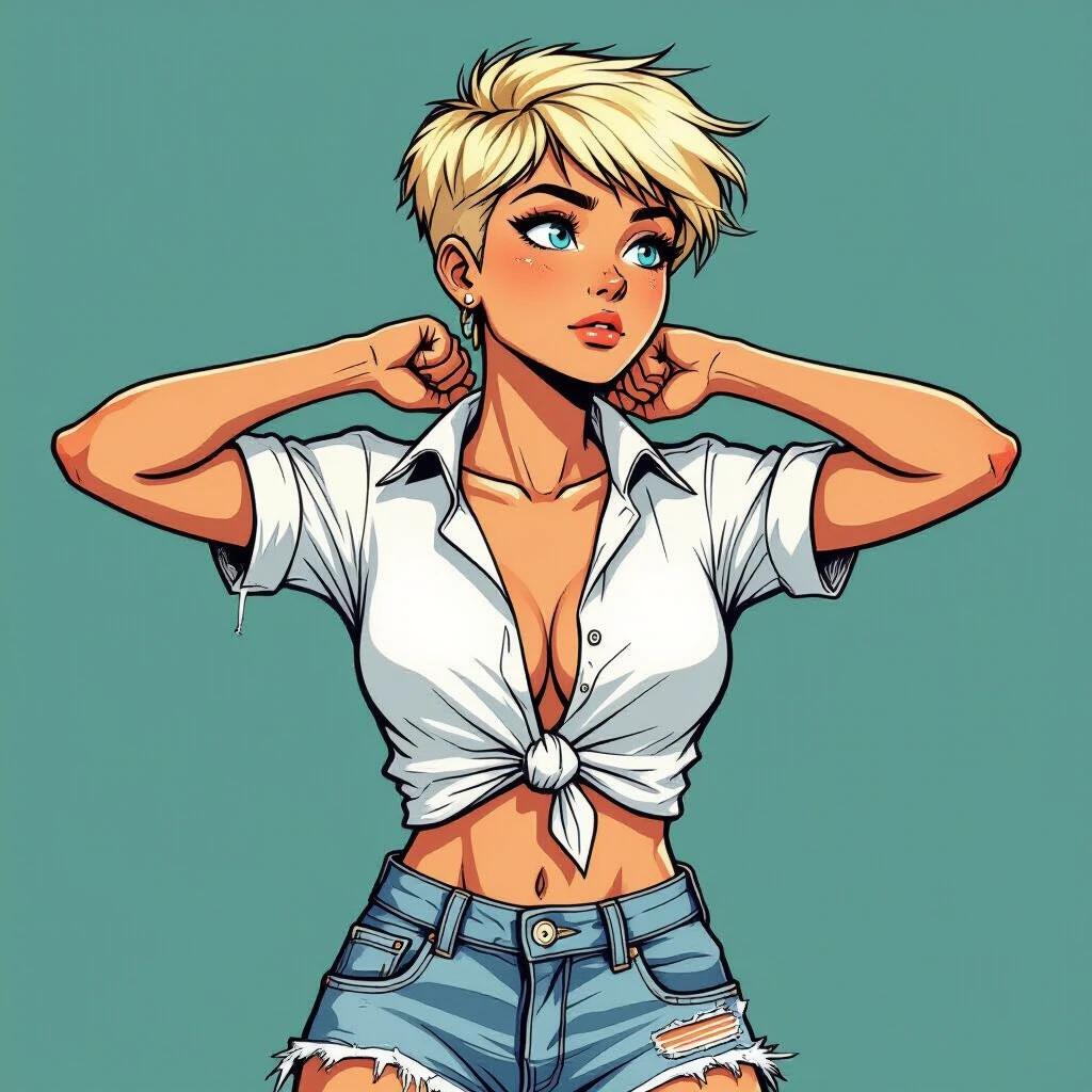An illustration of a young woman with a crew cut and straw-blonde hair. She has bright blue eyes and appears determined. She wears a white stand-up collar shirt which is knotted at the front and ripped faded denim shorts. Her hands are clasped behind her neck, shoulders hunched back. The style is semi-realistic with bold contour lines.