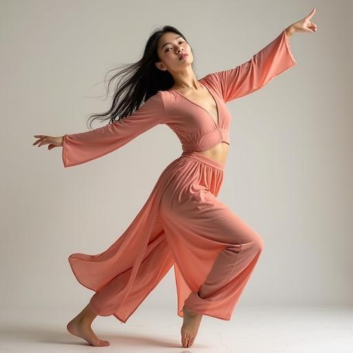 A single Asian woman dances in a dynamic pose. The full frontal view shows her looking directly at the camera. The movement is expressive. The lighting is bright and highlights her features. The colors are vibrant against a neutral background. The style is photorealistic.