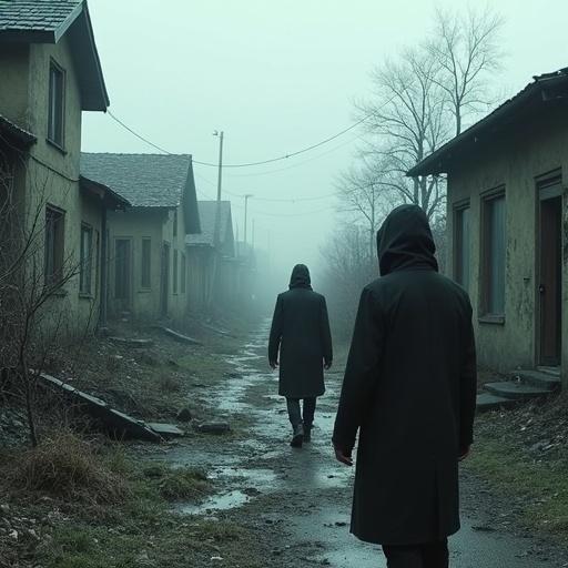 Mysterious figures walk down a foggy street in a dilapidated town. Buildings show signs of decay and neglect. The atmosphere is thick with mist. The scene evokes tension and an ominous feeling.