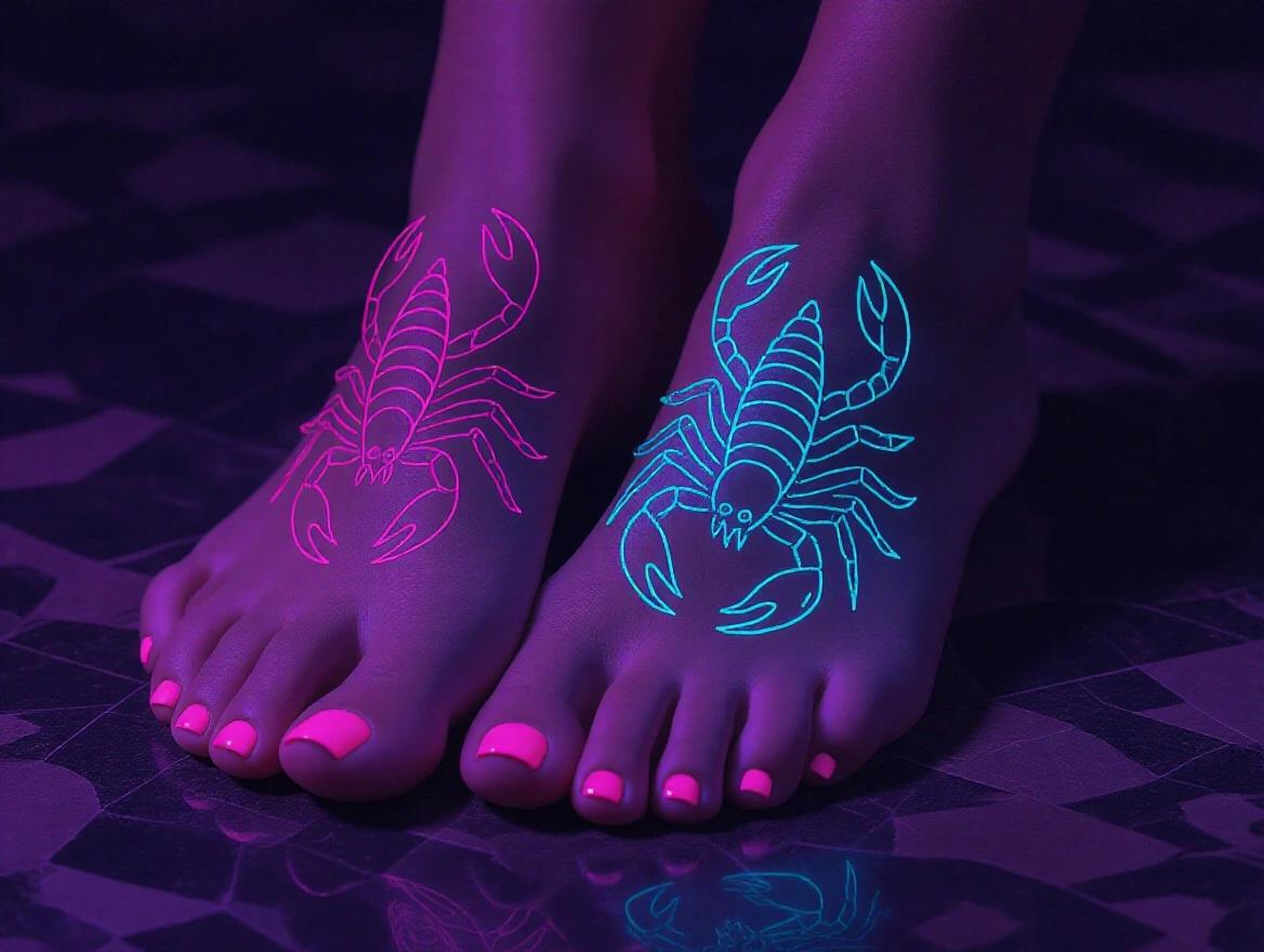 Beautiful foot with glowing neon tattoo. Scorpion tattoo on toes. Neon colored nail polish. Playful and artistic. Close-up shot of feet.