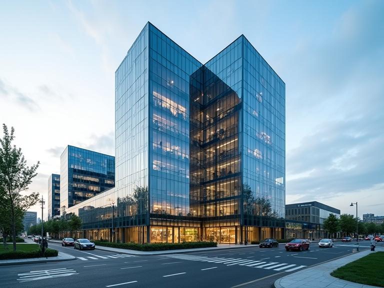 Commercial office building shown in modern architecture style. Evening with soft light reflecting off glass surfaces. Street view capturing surroundings.