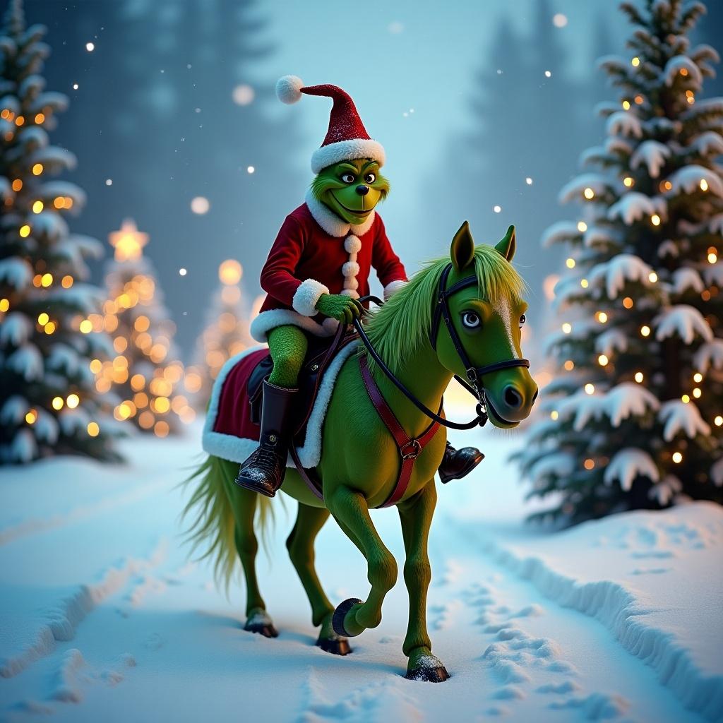 The Grinch riding a horse in the snow among Christmas trees with twinkling lights. A festive winter atmosphere is captured in the scene.