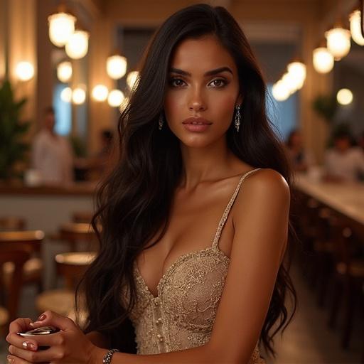 Portrait of a woman with long hair in an elegant outfit. Soft lighting in a cozy café setting in Paris. Intimate and inviting atmosphere.
