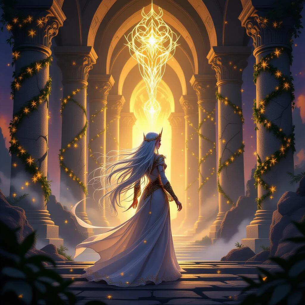 Majestic elf queen with long platinum hair. Stands in glowing ancient temple above mystical valley. Surrounded by towering stone pillars with golden ivy and glowing runes. Soft magical light swirls around. Atmosphere filled with ancient power and serenity. High fantasy art style with warm golden and deep purple hues. Stylized painting with gentle vignette and film grain effect.