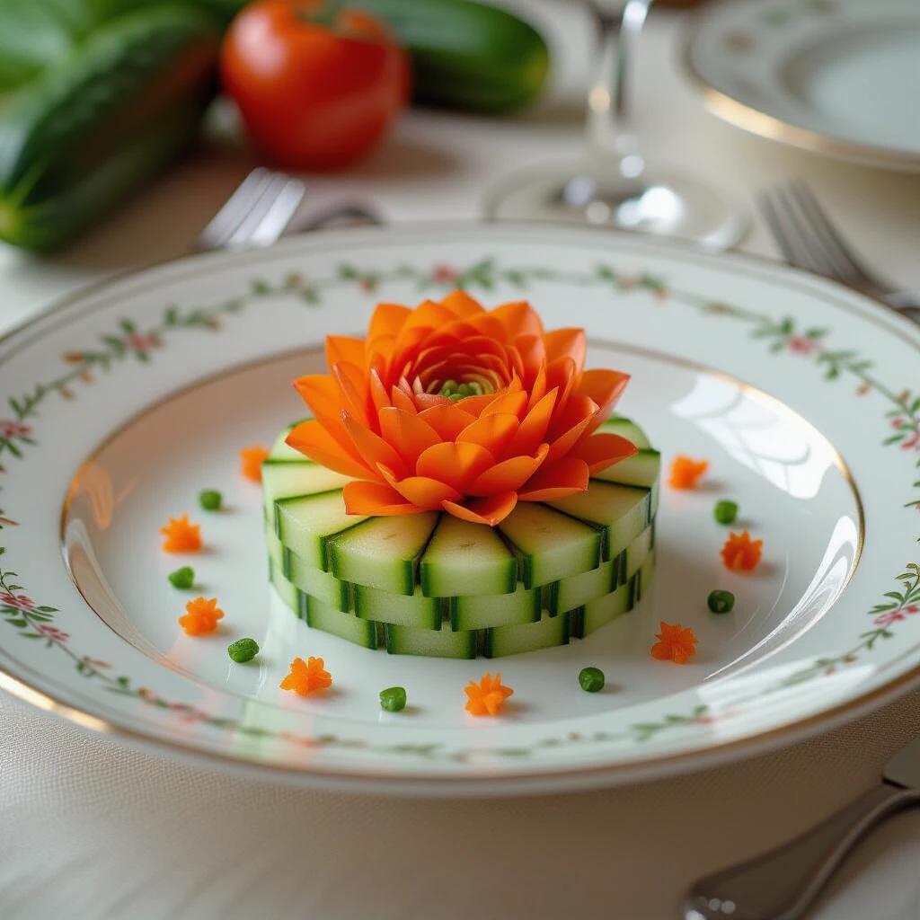 Sophisticated dish served on an elegant table with finely chopped cucumber decoration and a professional tomato flower. Grated carrot and cabbage adorn the plate, matching the sophisticated tablecloth beautifully. High-quality presentation with realistic details.