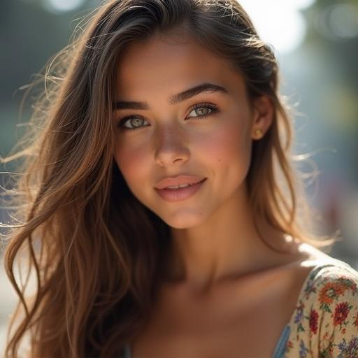 Generate image of beautiful girl with long hair and bright eyes outdoors.