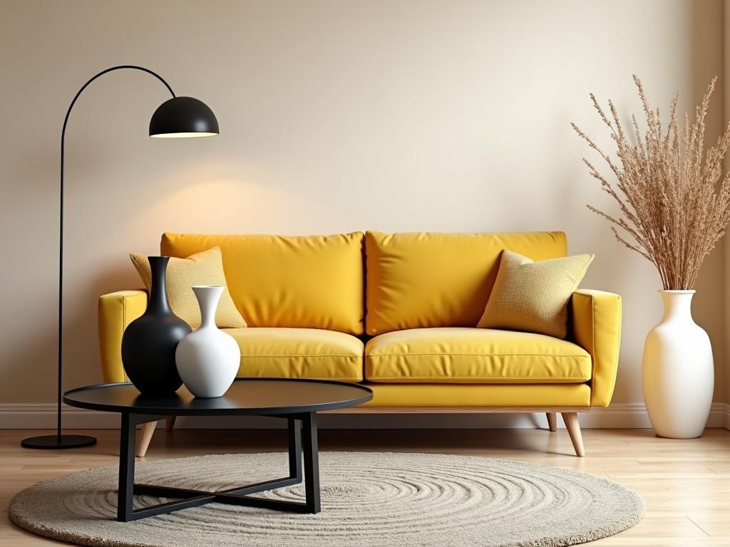 A modern living room is beautifully decorated with a mustard yellow sofa. The sofa features two contrasting pillows and sits facing a stylish black coffee table. On the table, there are two elegant vases, one with a curved neck and the other slightly taller. Behind the sofa, a minimalist standing lamp provides warm light, contributing to the cozy atmosphere. A large decorative rug lies under the coffee table, adding texture to the wooden floor. Additionally, a tall, white vase filled with dry branches stands in one corner, enhancing the room's aesthetic. The walls are painted in a soft beige, creating a calm and inviting environment.