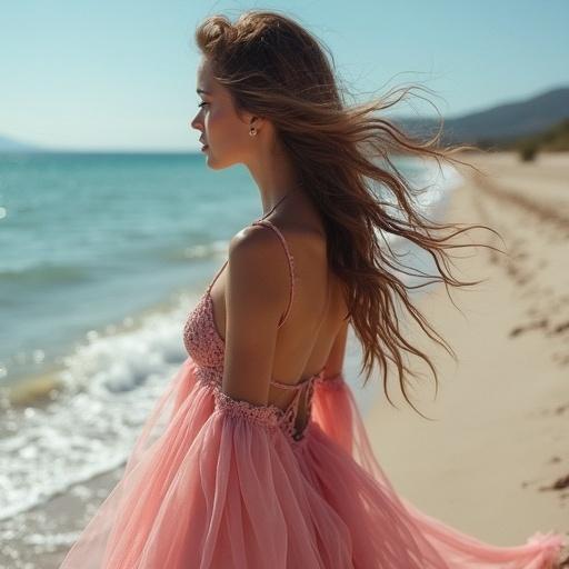 Stunning model poses on a beach. Flowy pink silk dress and soft sunlight illuminate the scene. Side profile creates a dreamy atmosphere. Background features a serene sea and hills.