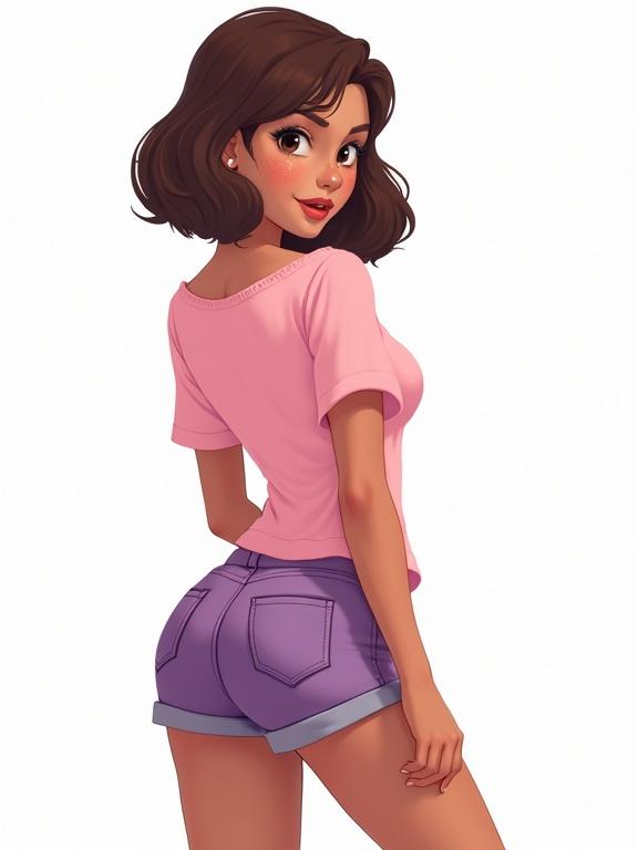 Illustration shows a teenage girl with brown hair styled in a bob cut wearing a pink top and purple shorts. She has a casual pose with a white background.