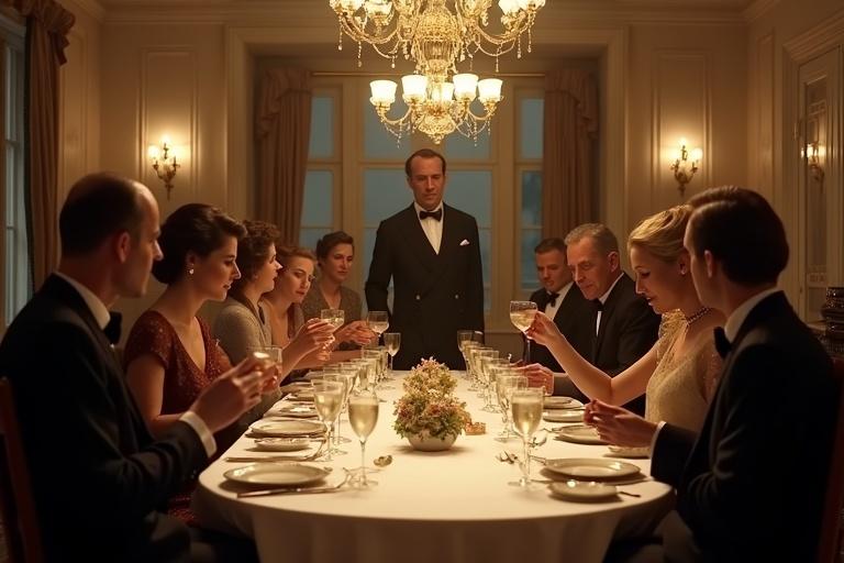 Lavish 1930s dinner party in seaside English mansion under art deco chandeliers. Guests in elegant attire clink cocktail glasses. Sinister undertone of nicotine poisoning. Atmosphere combines elegance with dread. Hercule Poirot observes the proceedings.
