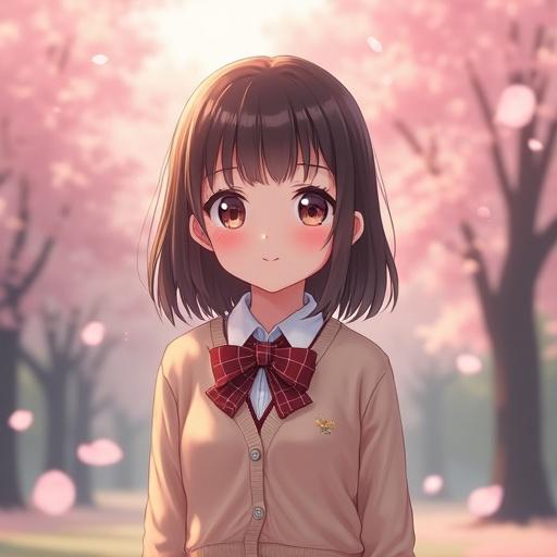Cute 16-year-old girl with large eyes and natural smile. She wears a school uniform and stands under cherry blossoms in soft morning light. Realistic skin and high detail.