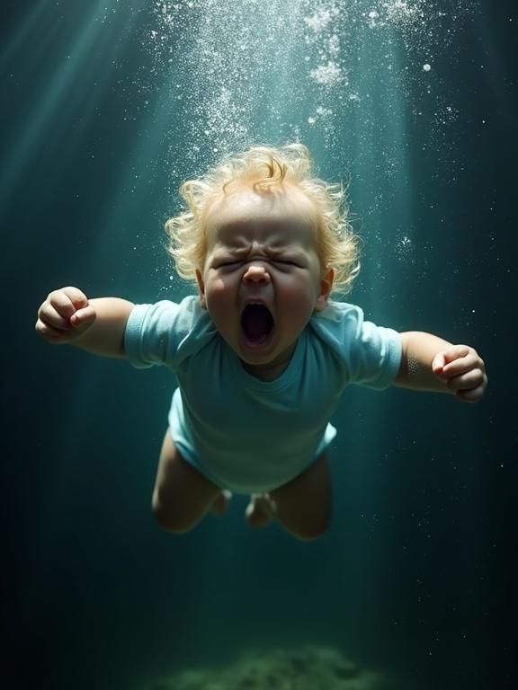 Underwater scene features a baby with curly blonde hair. Baby wears a light blue onesie. The setting is dark murky water. Baby's arms outstretched with clenched fists. Bubbles rise around the baby. Sunlight beams filter through the water from above. The atmosphere feels chaotic and unsettling.