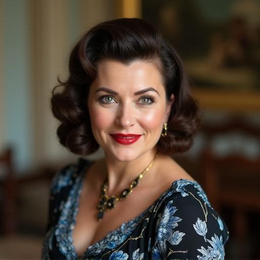 Charming 35 years old housewife in vintage living room. Realistic HD digital photo featuring 1950's hairstyle. Italian brunette with vintage black and blue floral dress. Close-up portrait. Big red lips, slightly smiling with intense glance. Chubby, thick body. Looking to the camera akin to Cyd Charisse.