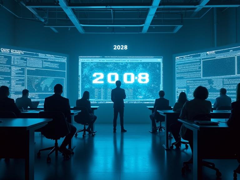 Futuristic newsroom setting with empty chairs. Glowing AI hologram typing. Calendar marked '2028' above. Fading human silhouette in the background. Cold blue colors with chrome font displaying 'Autoren 0?'