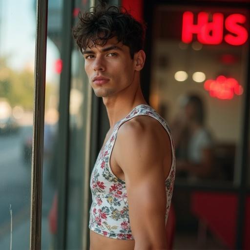 Daytime scene with a man having a soft masculine face and short dark hair. He wears a floral crop top and displays a calm and confident expression. The man stands inside a room with red lighting, viewed through a large glass window. The setting features reflections and a slight glare with an urban street scene in the foreground.