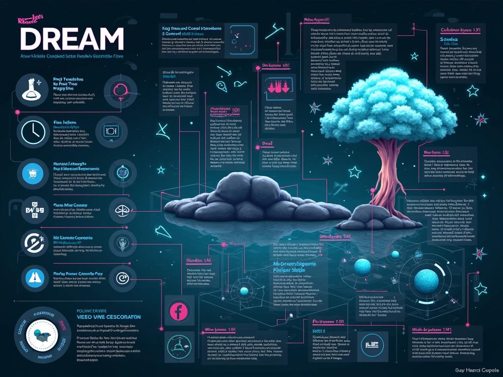 An infographic about Hidream AI with vibrant colors and dreamlike elements. Features stylized tree and floating islands. Illustrates various statistics and information about AI technology.