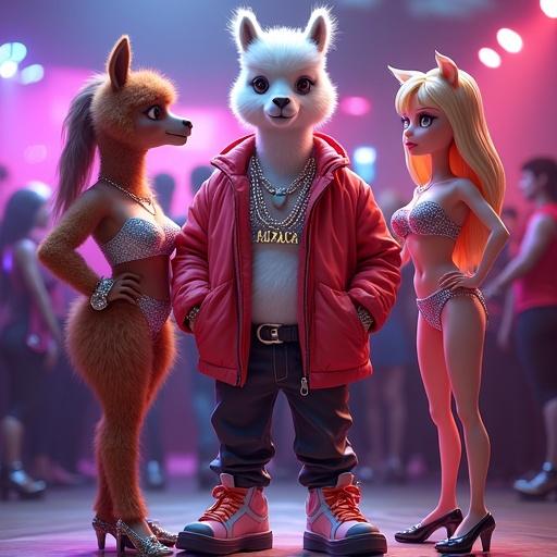 Animated cartoon characters in a nightclub. Main character is an alpaca with a stylish human body. He's wearing a bold oversized jacket and flashy sneakers. Two female alpaca characters are dressed in glamorous outfits. The scene features vibrant neon lights and a lively party atmosphere.