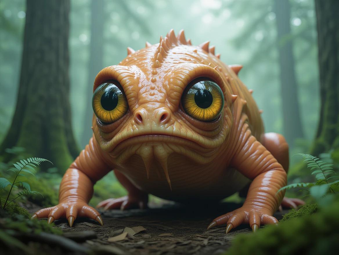 Imagine a unique creature that thrives in dense forests. It has slime-covered skin, large expressive eyes, and a design that is realistic yet fantastical. The creature appears believable in a nature documentary context.