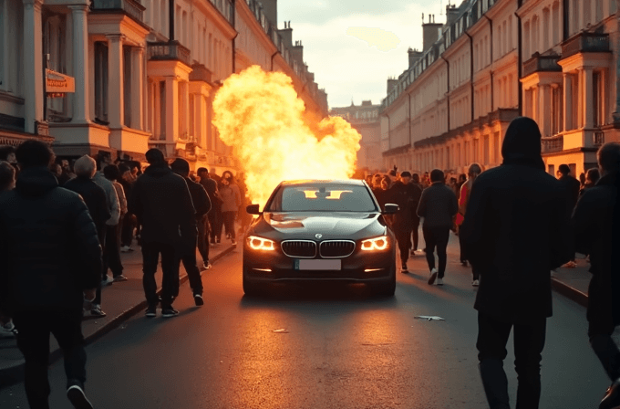 A dramatic scene of a car driving through a crowded street with an explosion in the background.