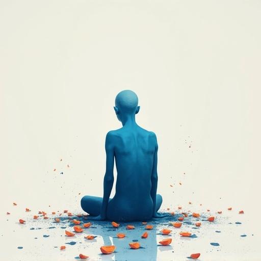 Bald human minimalist figure sits with a blue body in a serene space. Surrounds are orange petals scattered. Dreamlike minimalist composition with abstract elements and textured brushwork. Evokes emotions through visual metaphor in contemporary style.