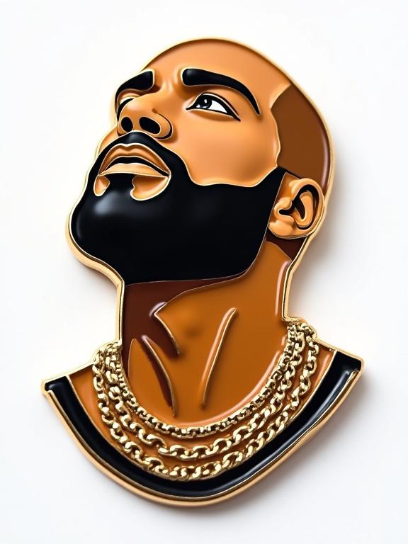 Close-up eye-level shot of an enamel pin depicting a stylized male figure from the chest up. The figure has a bald head and a beard, looking upward to the right. Warm brown tones for skin with highlights and a darker outline. A shimmering gold border surrounds the pin. Gold chains are around the neck. Solid white background emphasizes details and glossy finish.