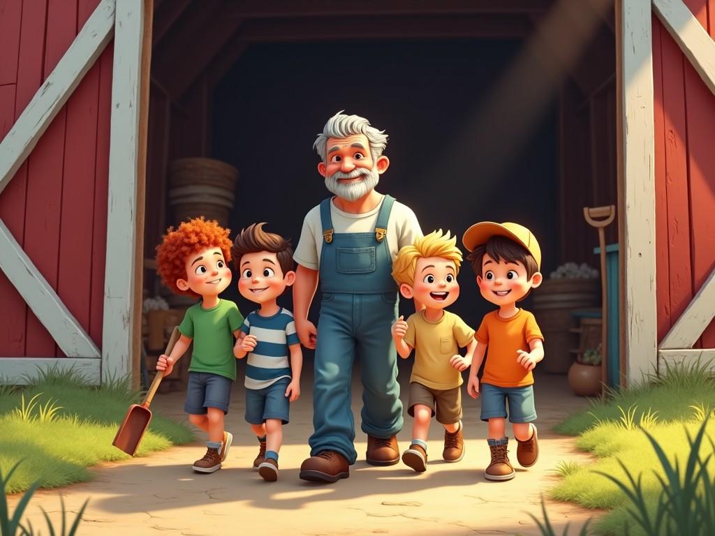 A digital illustration depicting a joyful scene with a grandfather and four young boys walking out of a red barn, basking in soft sunlight, expressing happiness and togetherness.