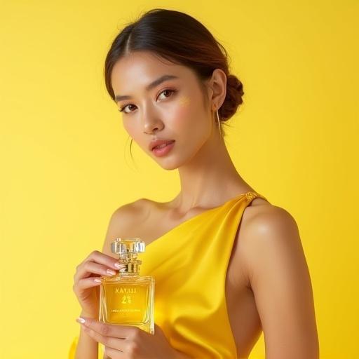 Hyper-realistic fashion portrait of a confident woman. She wears a lemon-yellow satin gown. Hairstyle is a sleek twisted updo. Makeup is fresh with dewy skin and gold eyeliner. She holds a perfume bottle gracefully. Background is pastel yellow. The vibe is modern and chic.
