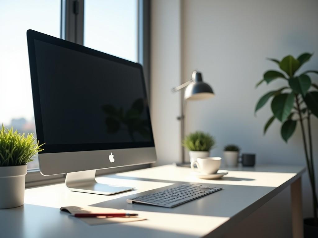 A minimalist modern workspace with a computer on a desk, surrounded by potted plants, near a large window with natural light coming through.