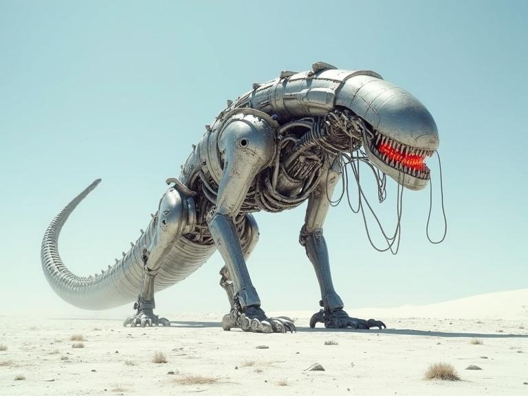 Image of a huge biomechanical robot worm creature in a white desert. Creature has a sleek, bulky, and slender design. Constructed from rough, gritty metallic materials with detailed textures. Features glowing red LED lights, wires, drill bits, and small exhaust holes. Scene shows dust and shadows under a sunny blue sky.