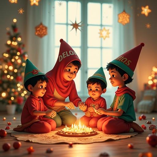 Children celebrate with a cake and candles. The setting is festive with decorations. Family members are enjoying time together. Warm lighting creates a cozy atmosphere. Everyone wears party hats. Snowy trees are visible in the background.