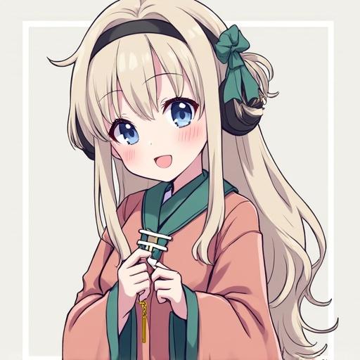 A cute girl character with wolf ears and long hair wearing traditional attire. She has large blue eyes and is holding a decorative item.